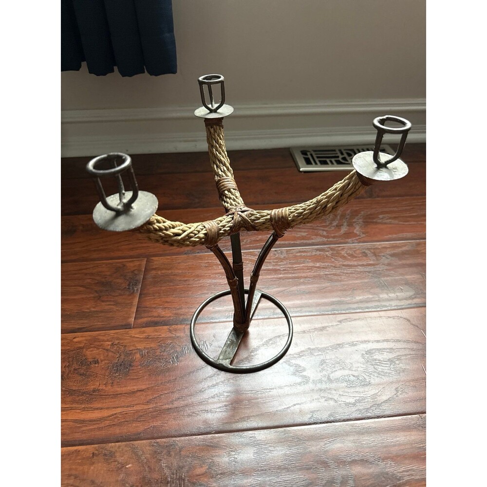 Vintage Rustic 3-Arm Metal & Woven Rattan Candelabra Candle Holder – Boho Farmho
